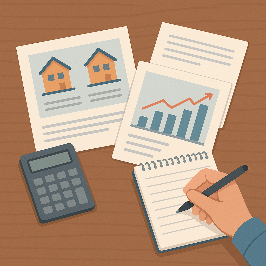 Mesa con informes de precios y notas para negociar piso nuevo.