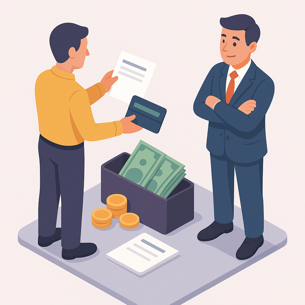 Comprador mostrando carta bancaria y ahorros durante negociación.