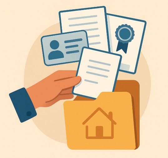  Mano entregando documentos de identidad y propiedad a carpeta de vivienda.
