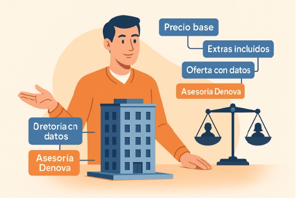 Comprador negociando piso nuevo con asesoría y datos reales, equilibrio justo entre ambas partes.