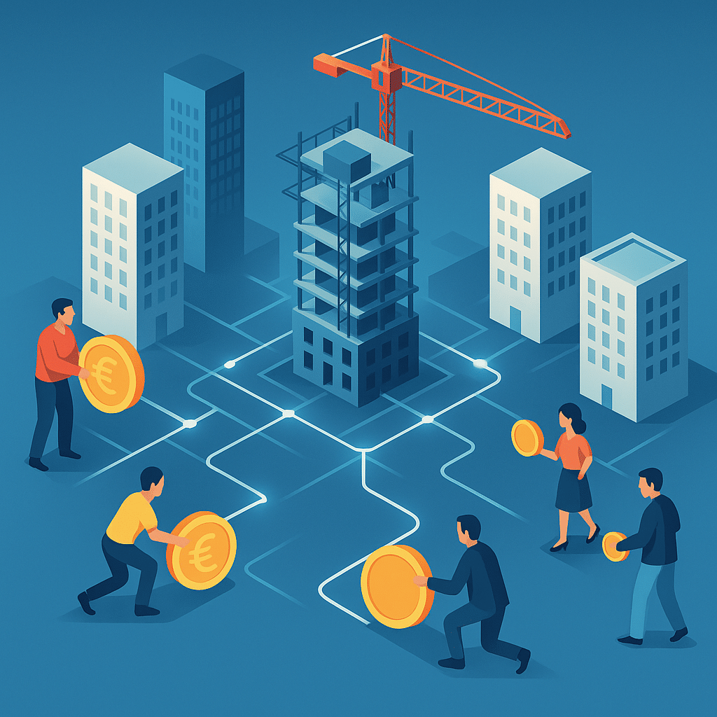 Inversores digitales colaborando en la construcción de edificios modernos mediante crowdfunding.