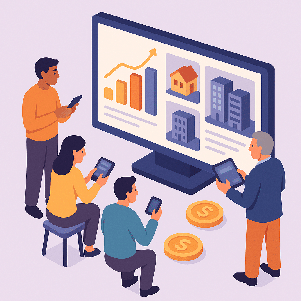 Inversores eligiendo proyectos inmobiliarios digitales desde sus dispositivos.