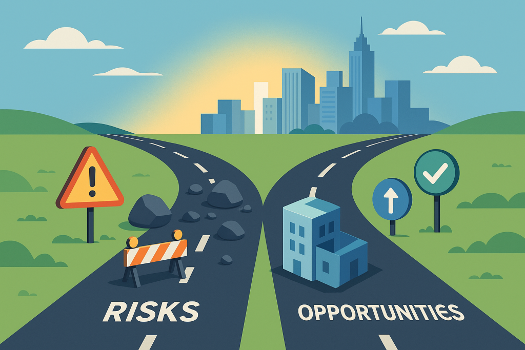 Camino dividido entre riesgos y oportunidades que conduce a la inversión inmobiliaria segura.