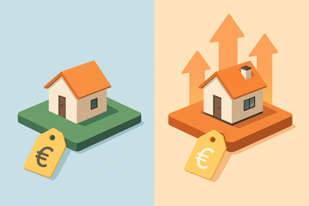 Ilustración que muestra el aumento del valor de una propiedad urbana con el paso del tiempo.