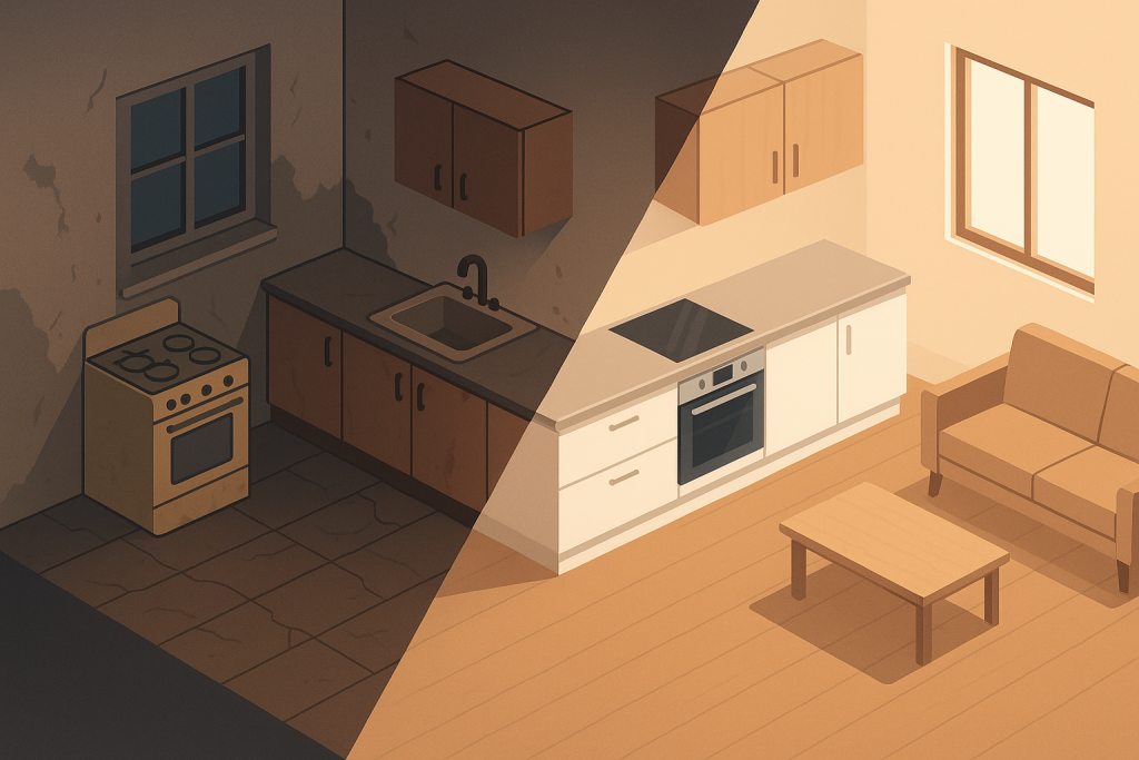 Vivienda dividida en antes y después, mostrando cómo una reforma transforma la venta.