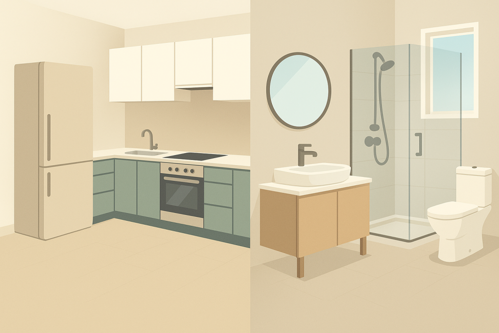 Cocina y baño renovados en tonos neutros que muestran el impacto de una reforma.