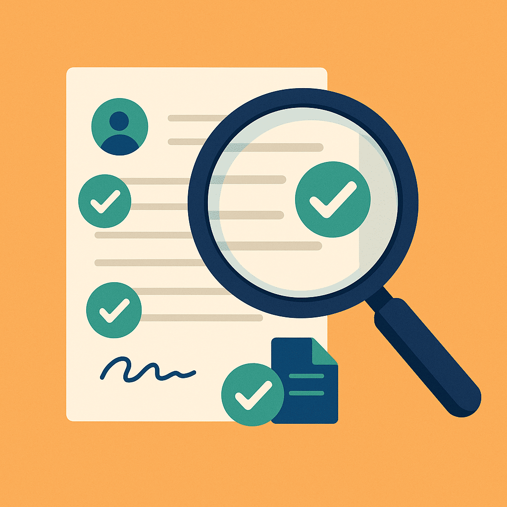 Revisión detallada de escritura de compraventa con lupa y verificación de documentos.