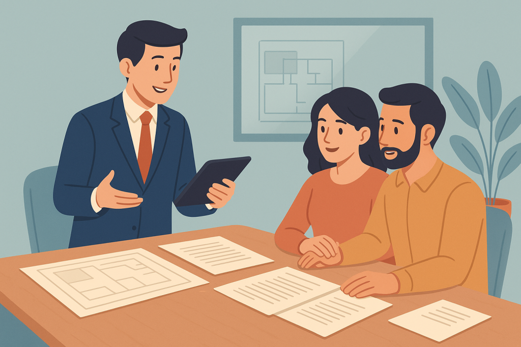 Asesor inmobiliario guiando a compradores en revisión previa a la firma de la escritura.