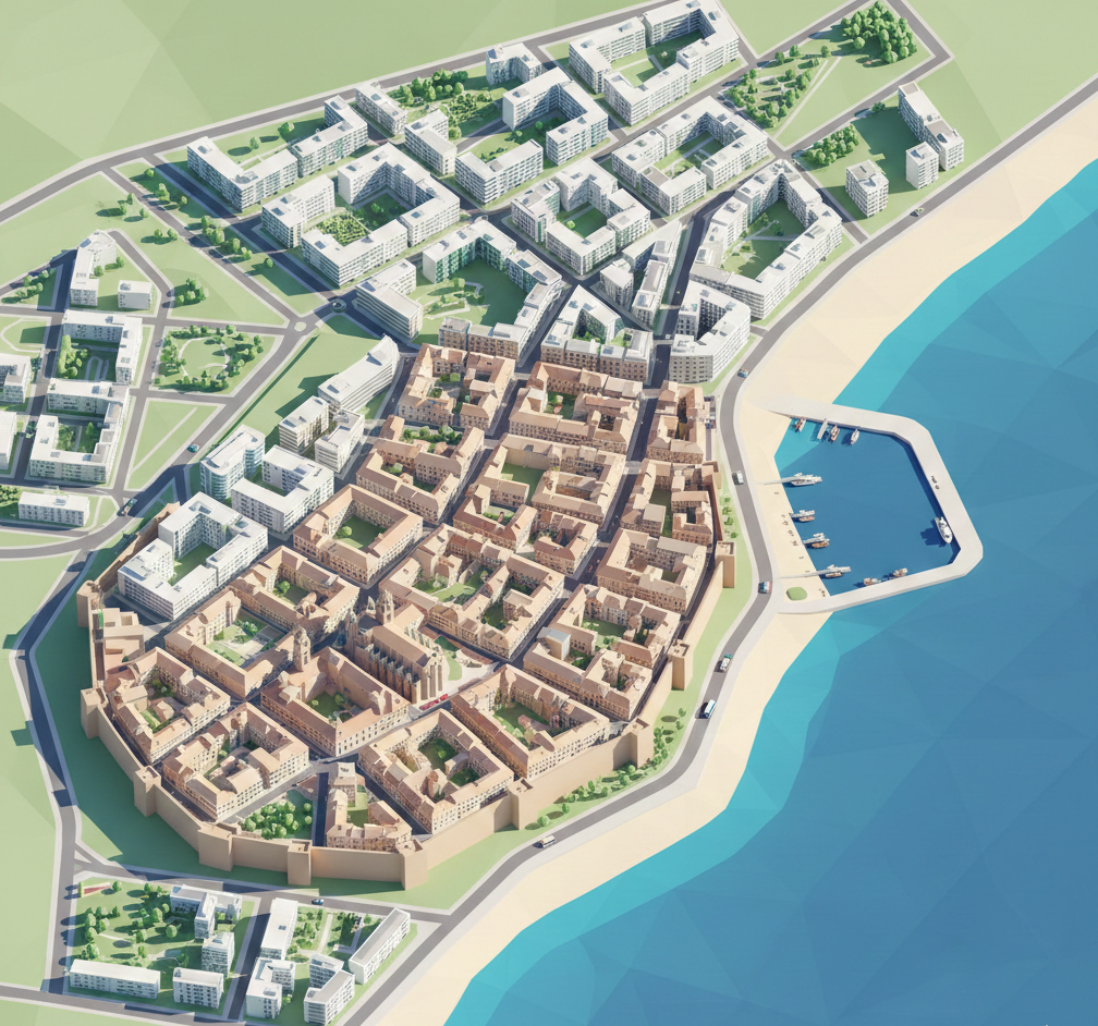 Vista aérea ilustrada de Tarragona con ciudad, costa y áreas en crecimiento.