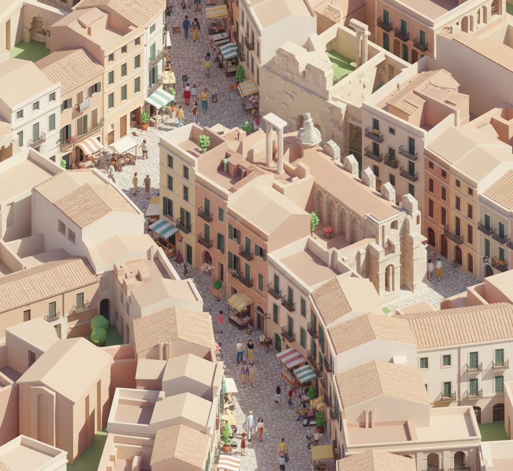 Ilustración del Centro Histórico de Tarragona con arquitectura romana y vida urbana.