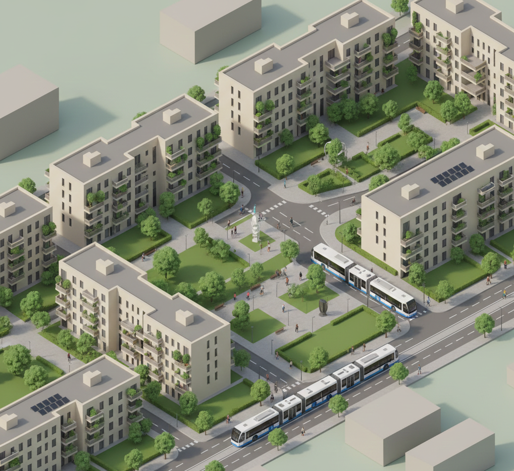 Ilustración de un barrio moderno de Tarragona con zonas verdes y buena movilidad.