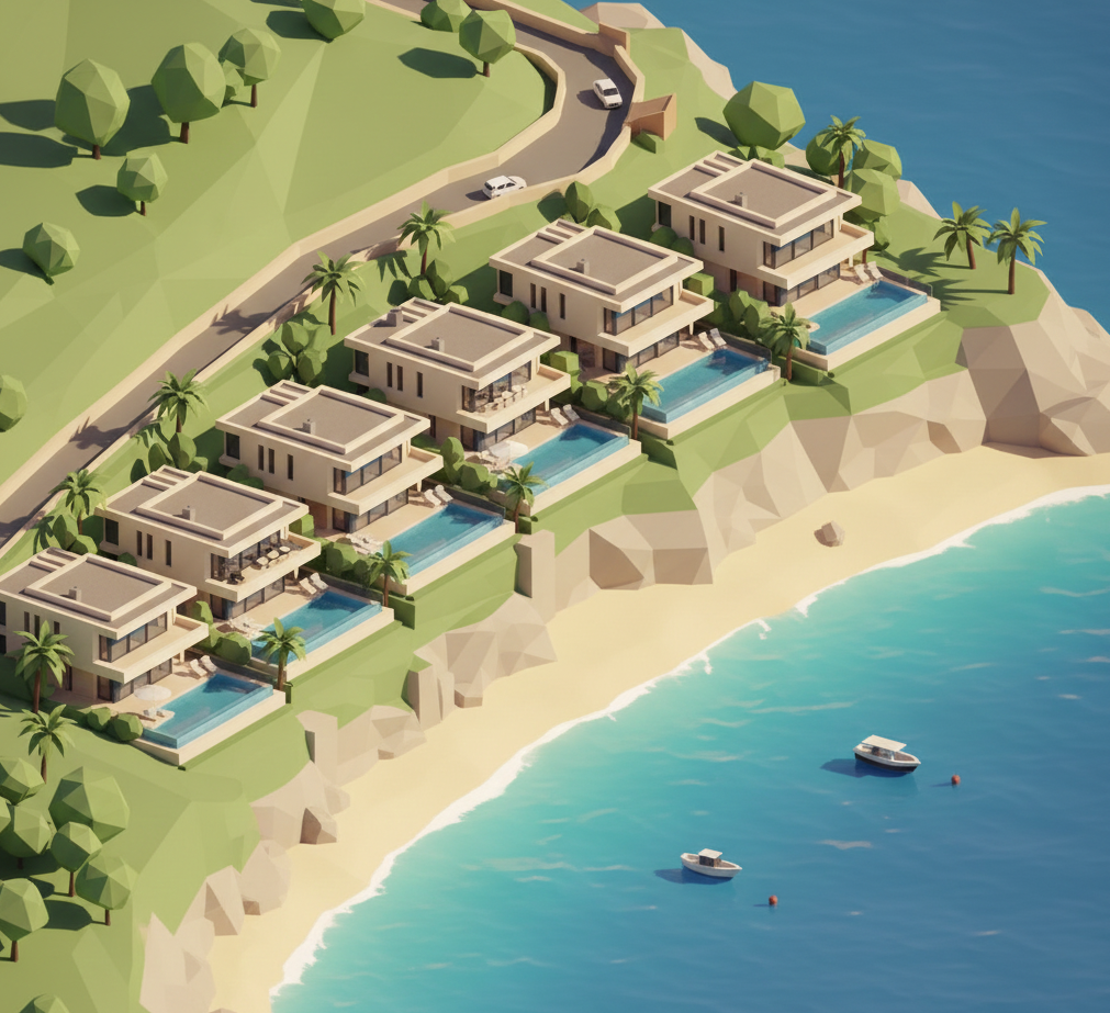 Ilustración de zona residencial mediterránea en Tarragona junto al mar.