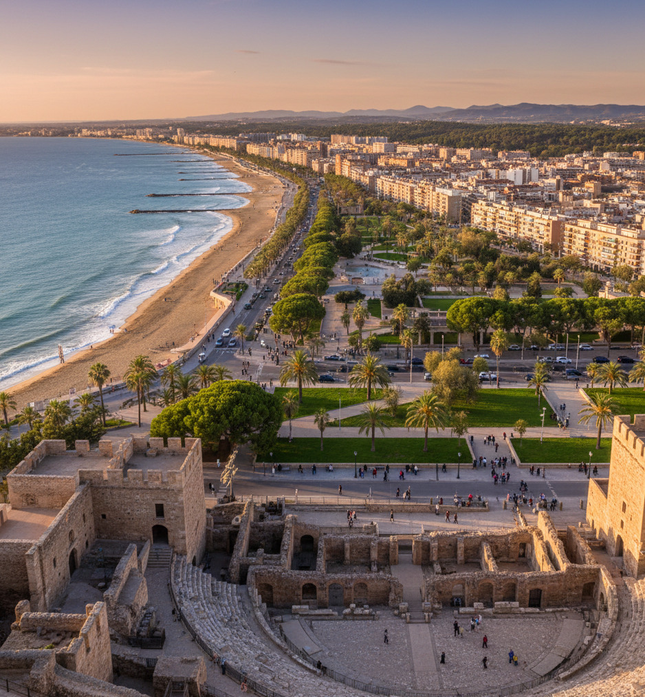 Panorama urbano de Tarragona con centro histórico, costa mediterránea y zonas residenciales modernas integradas.