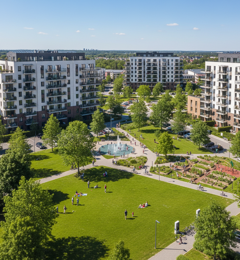Barrio residencial moderno de Tarragona con zonas verdes, servicios y vida familiar cotidiana.
