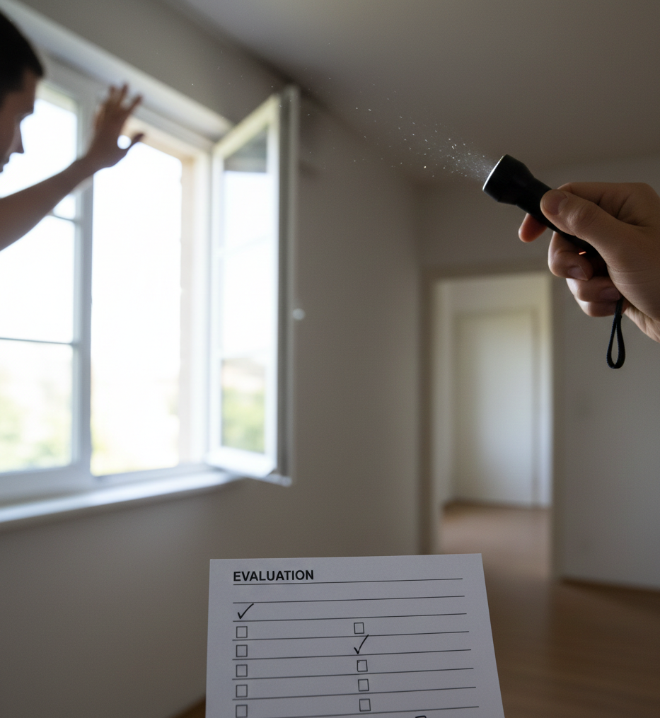 Visita de piso con ventana abierta, luz entrando y revisión de esquina por posibles humedades.