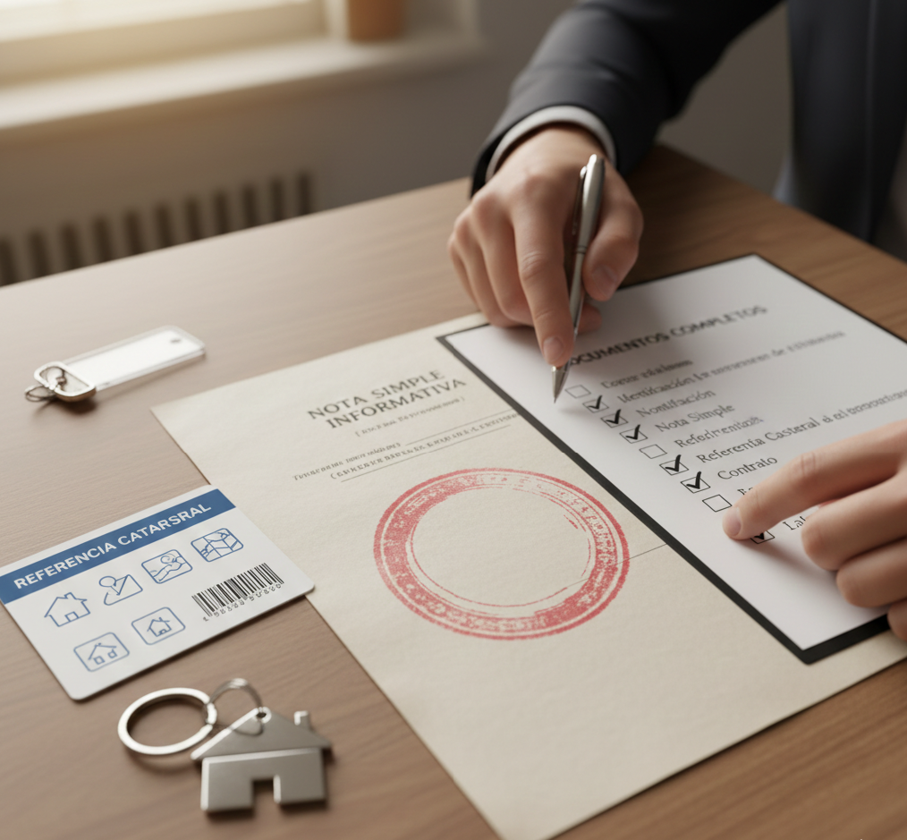 Revisión documental con nota simple y fichas de vivienda antes de reservar, llaves apartadas.