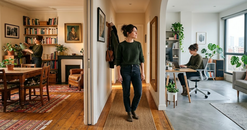 Persona visualizando dos formas de vivir en casa entre espacio moderno y vivienda con más carácter