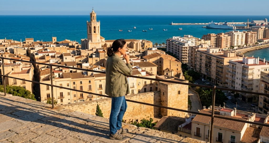 Persona recorriendo distintos entornos de Tarragona entre mar barrio consolidado y zona residencial nueva